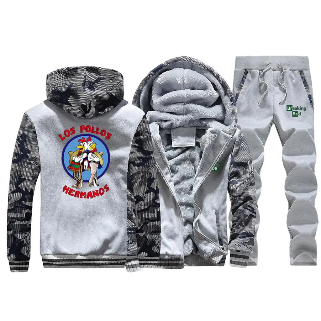 Light Gray Breaking Bad Los Pollos Hermanos, мужские толстовки, флисовое пальто, Толстая теплая куртка+ штаны, комплекты из 2 предметов, мужской Камуфляжный комплект, спортивный костюм, верхняя одежда - Цвет: Light Gray