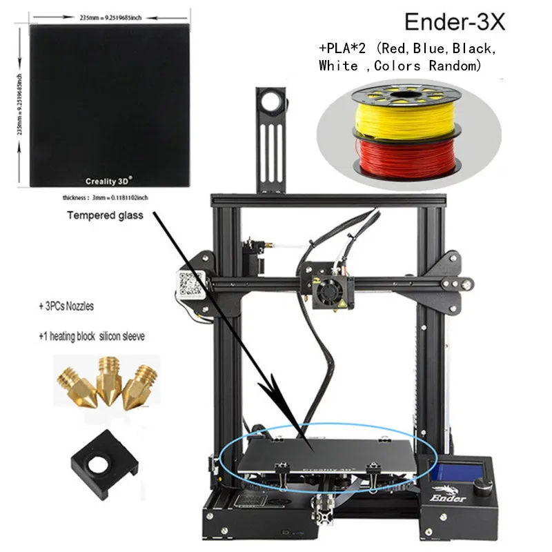 CREALITY 3d принтер Ender-3/Ender-3X/Ender-3pro обновленный закаленное стекло подарочные насадки+ нагревательный блок силиконовый рукав+ PLA