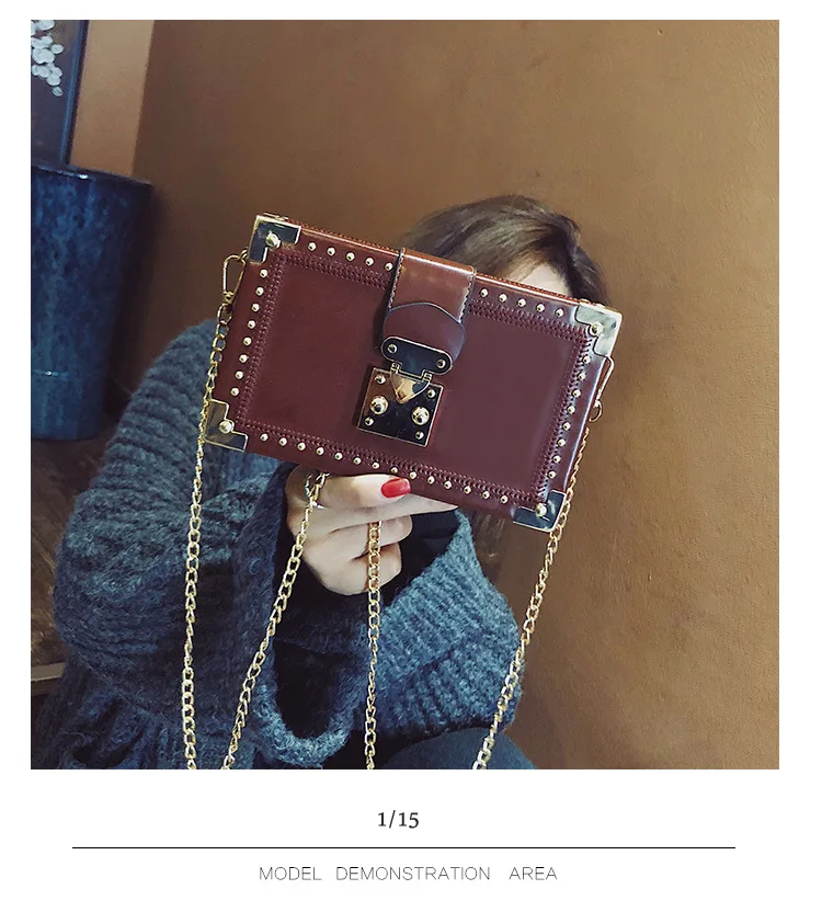 Fashion Vintage Rivet Designer Bag Box Style Buckle PU Women Clutch Bag Chain Purse Shoulder Bag Crossbody Small Flap Handbag