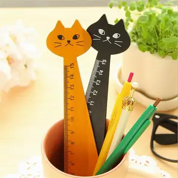 

200 pcs 15cm Wood Straight Ruler Black Yellow Lovely Cat Shape Ruler Gift For Kids School Supplies