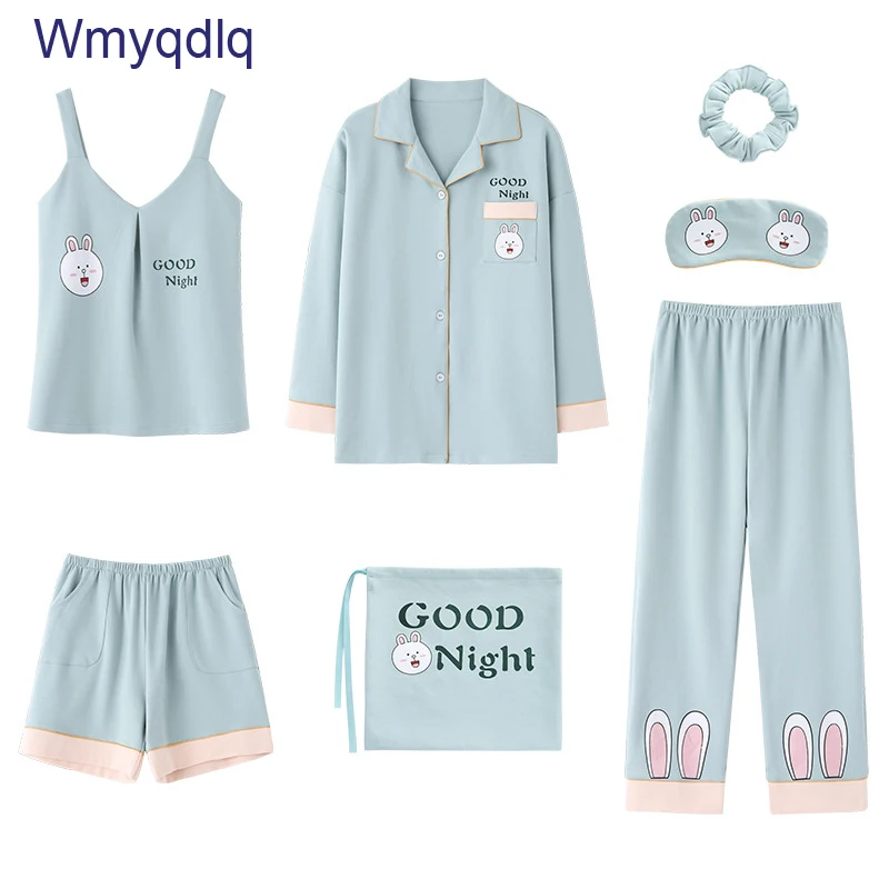 

Wmyqdlq Women's Seven-Piece Pajamas Four Seasons Pyjamas Set Women's New Cotton Spring And Autumn Cardigan Home Wear Casual Suit