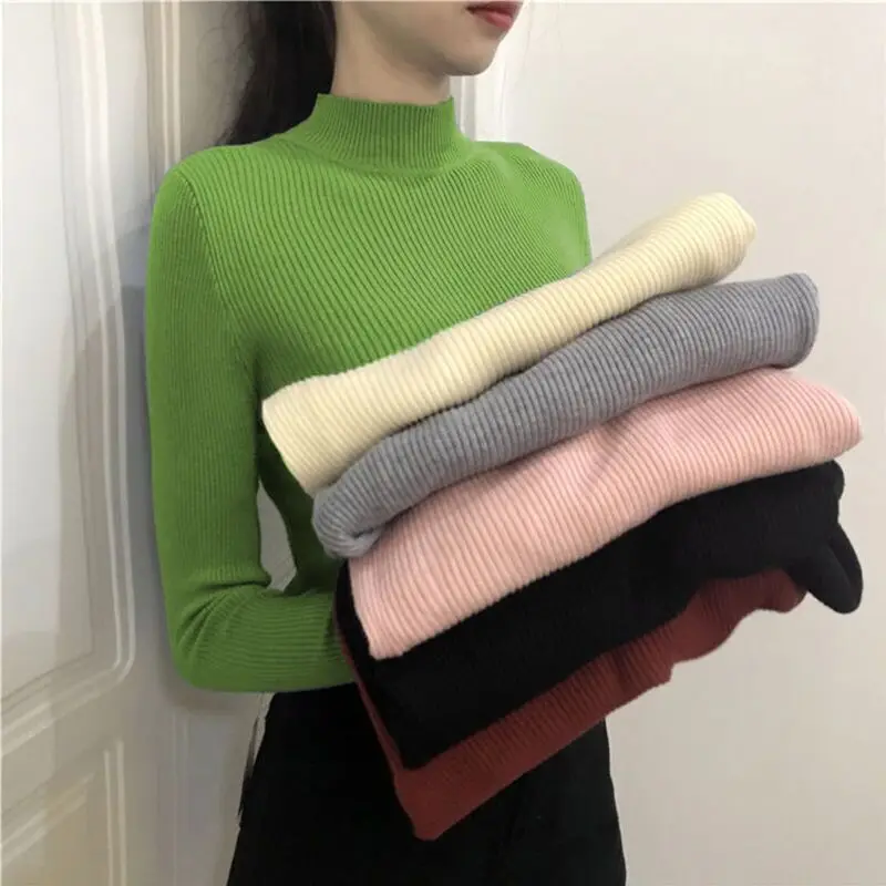 Новинка, повседневные женские вязаные свитера, Осенние тонкие корейские эластичные пуловеры с длинным рукавом, рубашка трикотажная, топы для девушек, белый свитер - Цвет: Зеленый