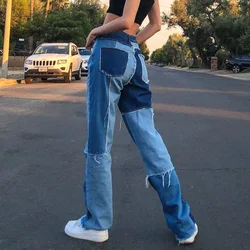Retalhos moda carga jeans mulheres cintura alta botões voar streetwear calças retas retro punk em linha reta denim calças das mulheres