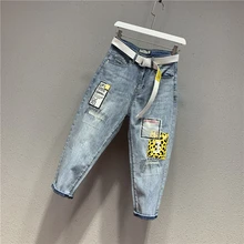 Летние новые джинсы для женщин с высокой талией, хлопковые лоскутные шаровары, джинсы для мам, весна, новые джинсы размера плюс, женские милые джинсы из денима