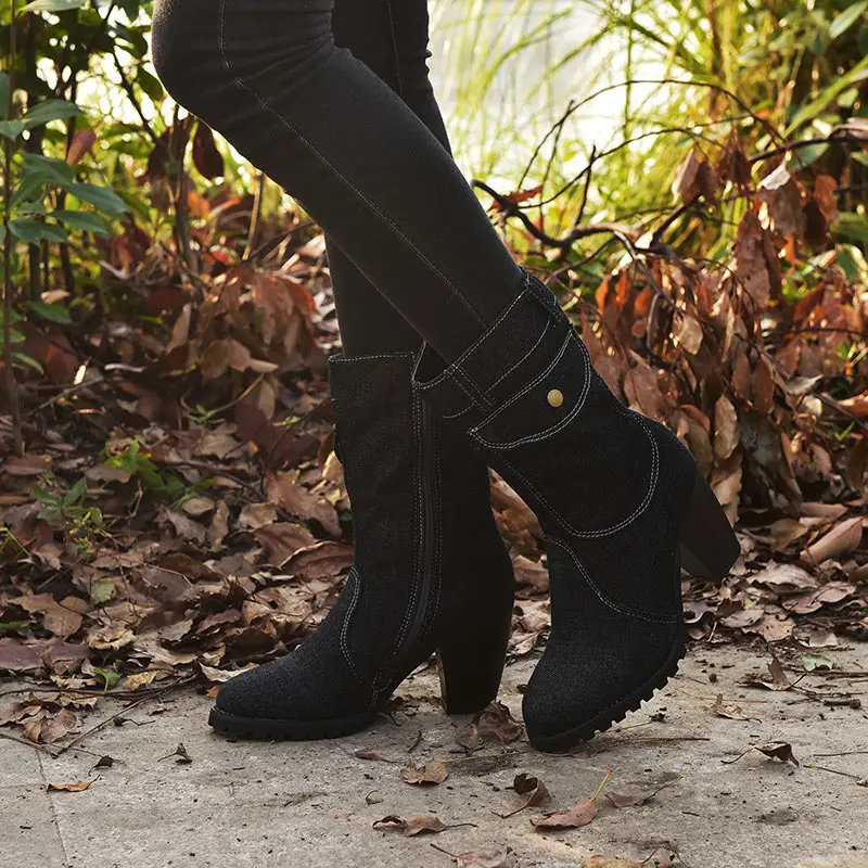 MCCKLE женские джинсовые ботинки до середины икры в стиле ретро женские ботинки на толстом каблуке на молнии Женская обувь на высоком каблуке Новая модная женская обувь