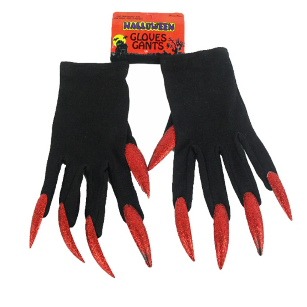 Scary Devil W/ Red Glitter Nails Halloween Party Gloves Costume Fancy Dress