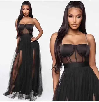 

2020 Summer Women Sexy Square Collar Sleeveless Spaghettli Strap White Black Mesh Dress Vestidos Fashion Female Long Dress Party