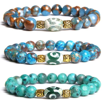 

Men Natural Stone Cloisonne Beads Bracelet Vintage Oval Tibetan Dzi Agates Beads Charm Bracelet for Women Men Energy Jewelry
