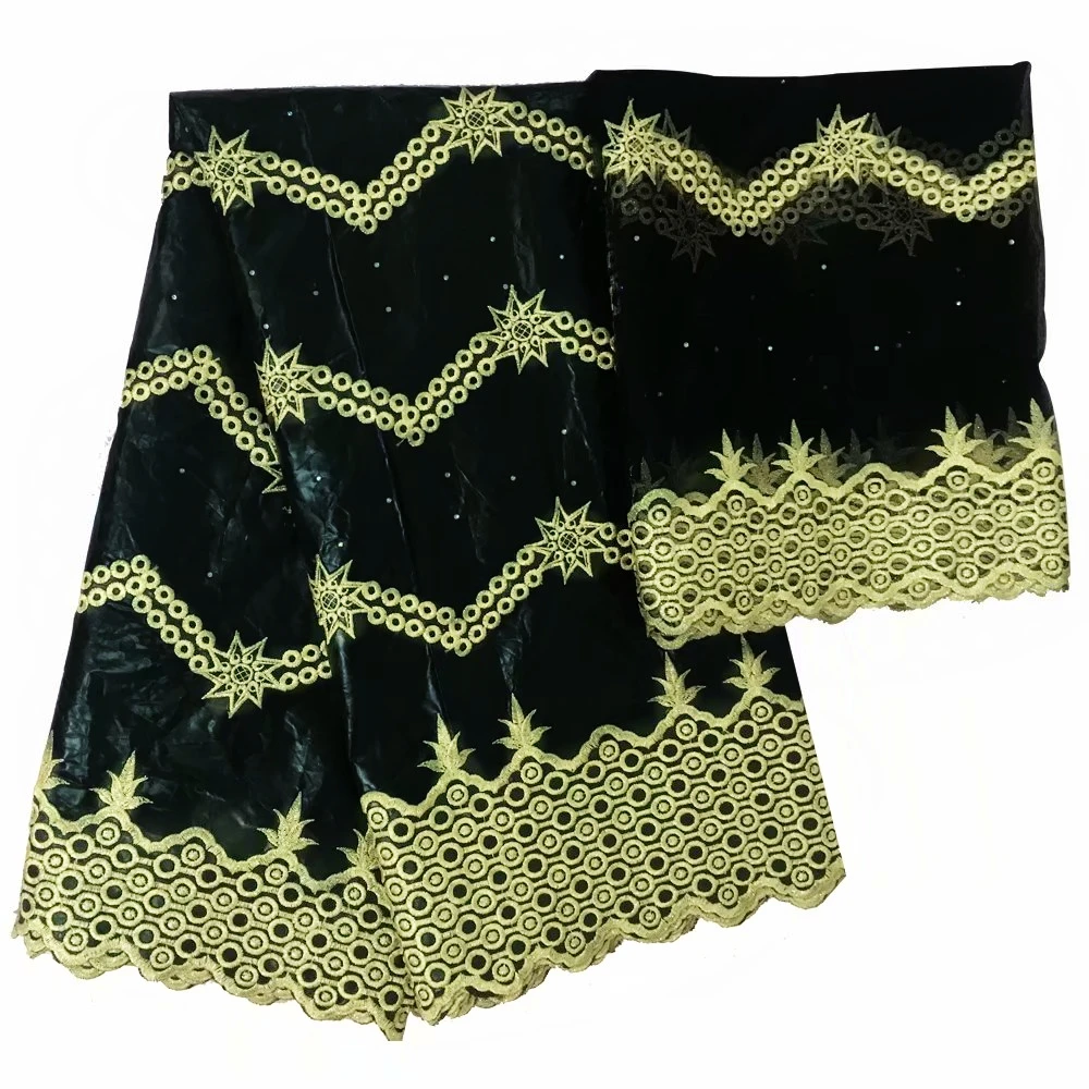 Черный парча в Гвинейском стиле Базен ткань Базен riche со стразами; стиль нигерийское кружево для свадьбы 5+ 2 ярдов/партия