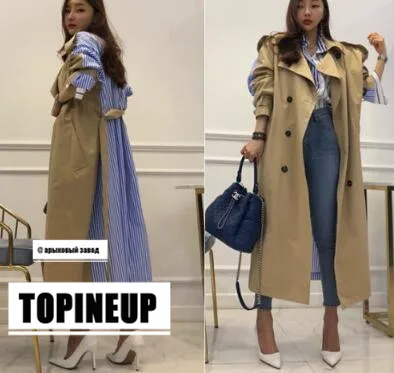 Best Selling Vintage Stripe print Patchwork loose overcoats beautiful pocket design cozy winter trench