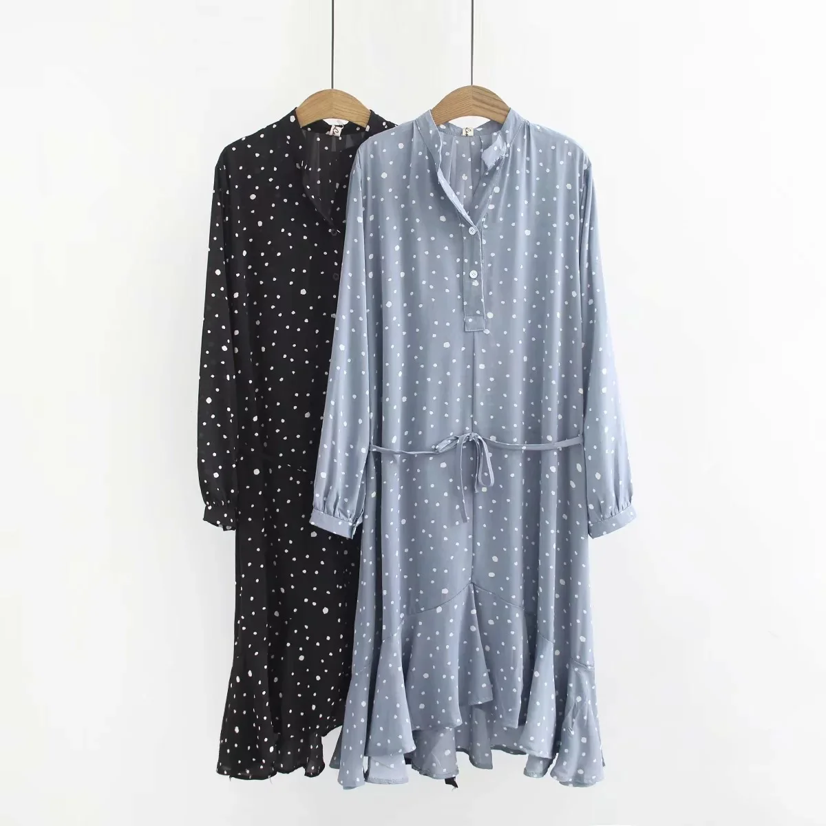 

2020 Spring Ladies' Elegant Korean-style WOMEN'S Wear Stand Collar Large Size Long Sleeve Waist Hugging Chiffon Dress 102-8904