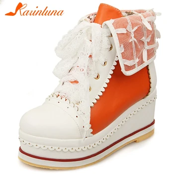 

KARINLUNA Sweet Spring Lady Increasing Height Causal Office Boots Waterproof Platform Lace Up Ankle Boots Women Shoes Woman