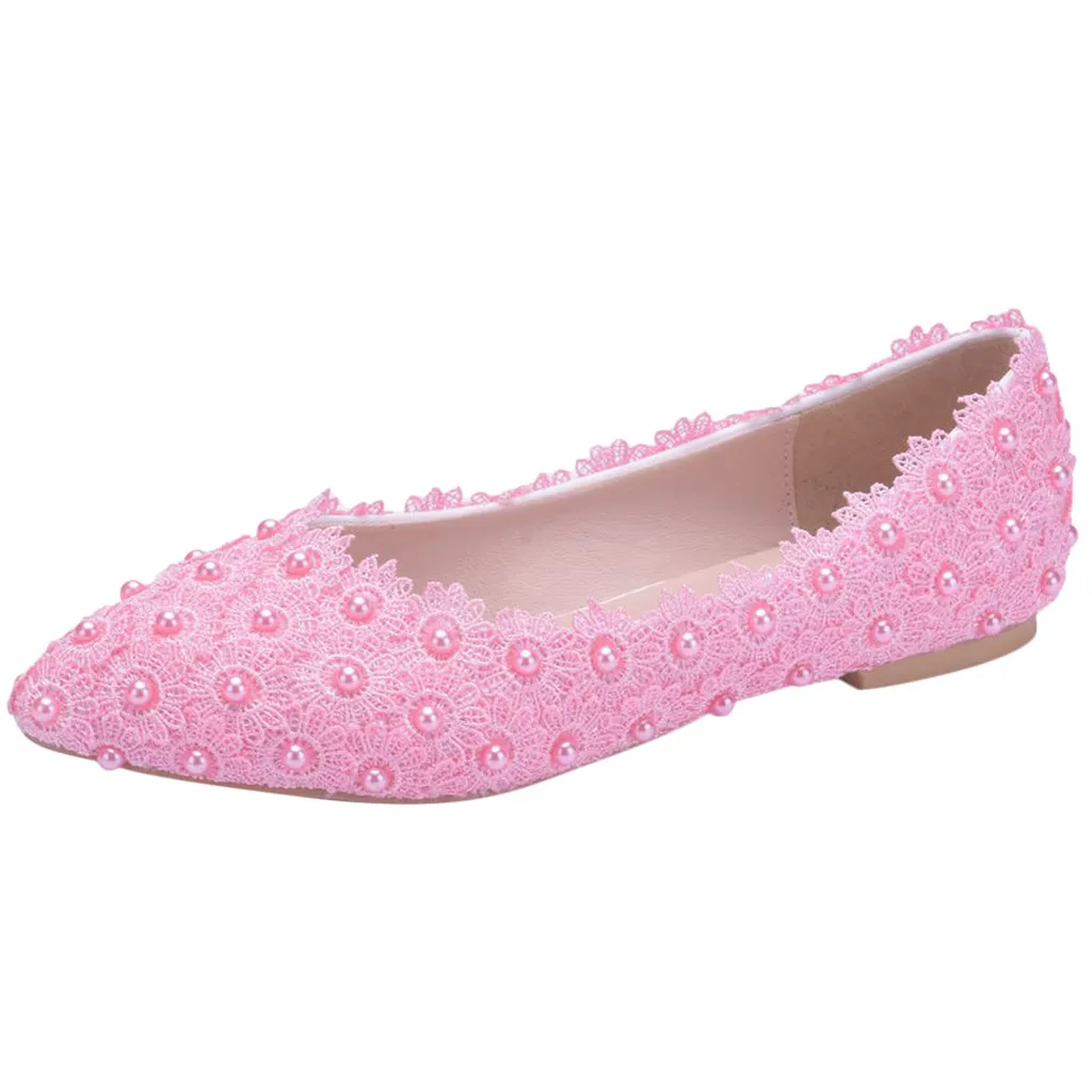 Белые свадебные туфли; женские туфли-лодочки с острым носком; модельные тонкие туфли с кружевом и жемчугом; классические повседневные туфли с цветочным принтом; zapatos de mujer - Цвет: Розовый