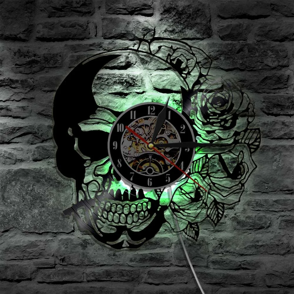 Тату Череп с розой настенные художественные настенные часы Скелет Череп шип розы Виниловая пластинка настенные часы Готический домашний декор настенные часы