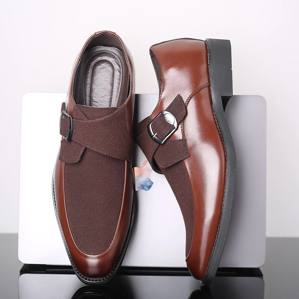 

Men Shoes Leather Large Size 45-48 PU Buckle Non Slip Brown Shoes Men Classic Patchwork Rubber Party Shoes For Men 559