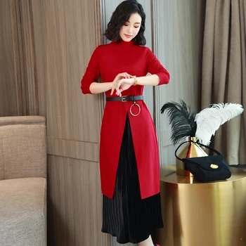 

Fall 2020 new female Korean fashion suit knitted dress temperament slim fake two-piece long sleeve bottomed skirt