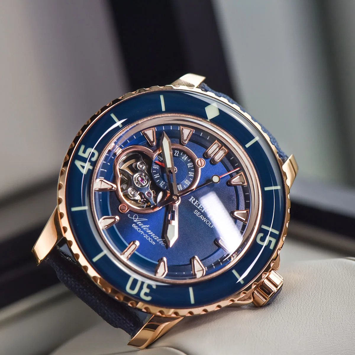Мужские наручные часы Reef Tiger/RT роскошные для дайвинга цвета розового золота