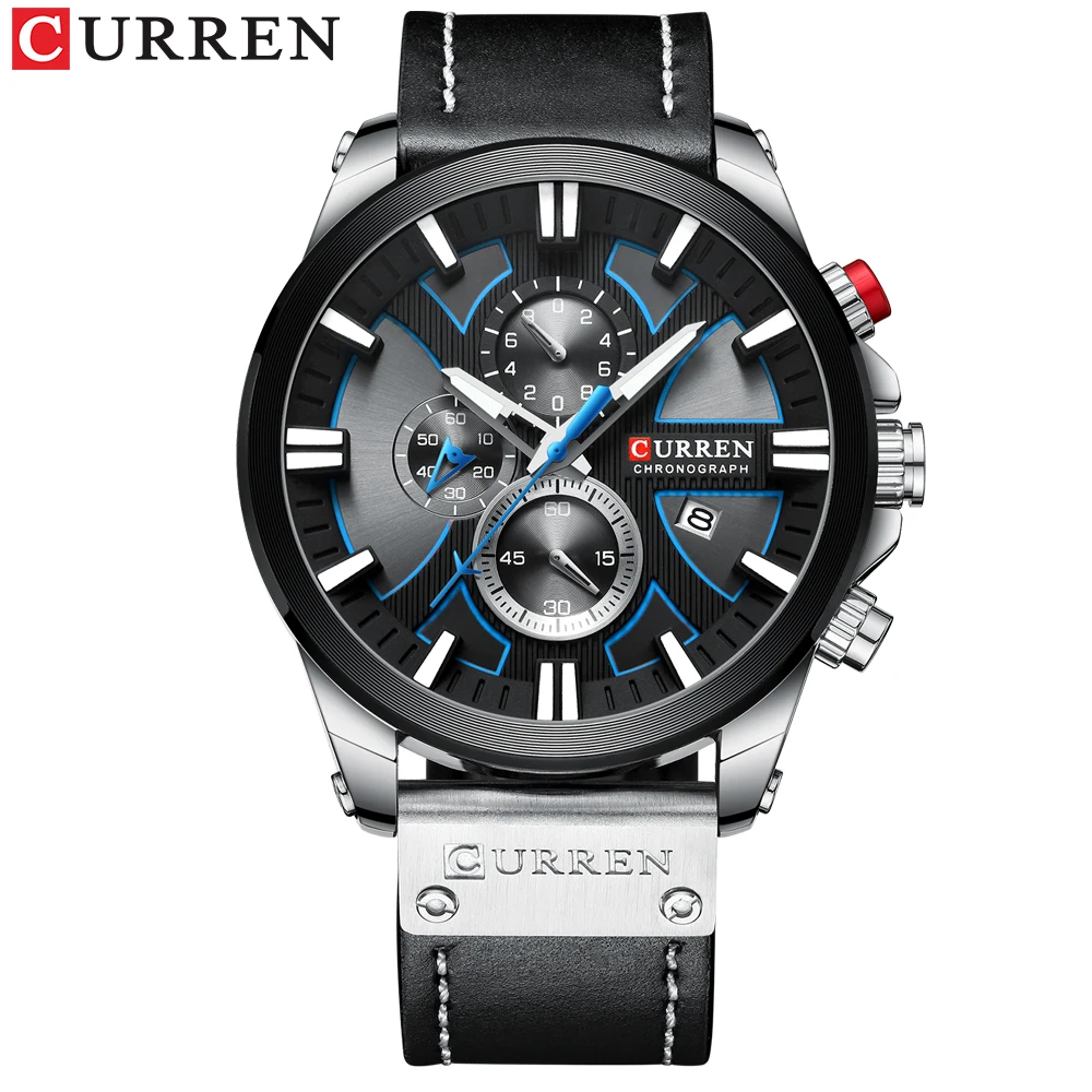 New CURREN Men Watch Top Brand Luxury Leather Quartz Clock Fashion Casual Chronograph Wristwatch Male Sport Military Watch - Цвет: black silver black