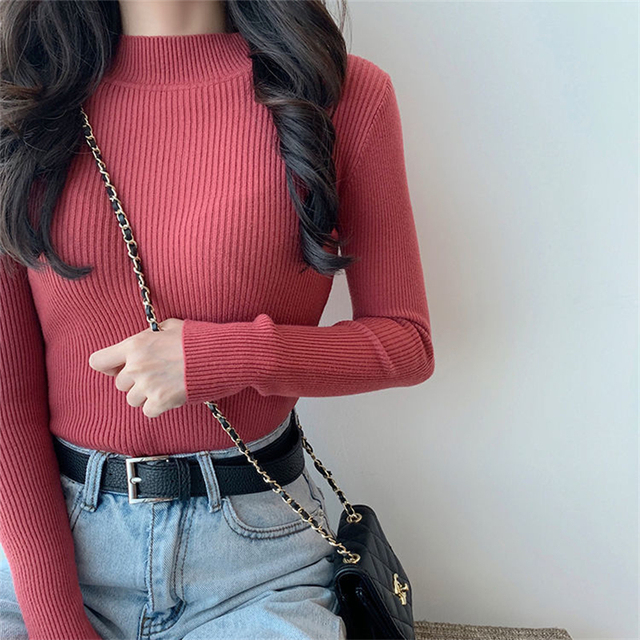 2021 Long Sleeve Women's Slim Knit Sweater All-match Keep Warm Base Sweater Half High Collar Top