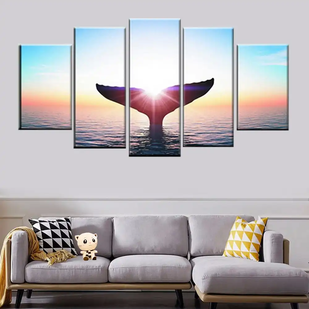 壁アート現代 Hd 印刷 5 パネルクジラの尾日の出絵のポスターのキャンバスの絵画リビングルームの装飾フレーム 絵画 書道 Aliexpress
