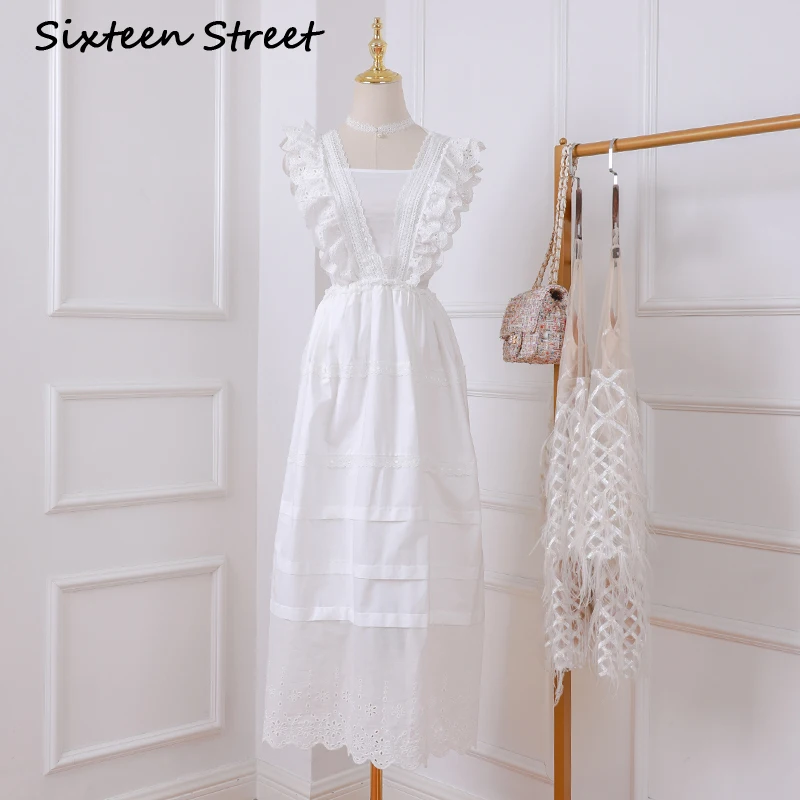 

white solid sleeveless dress woman 2020 New summer V-neck runway design vestido woman ruffle lace patchwork dress party female