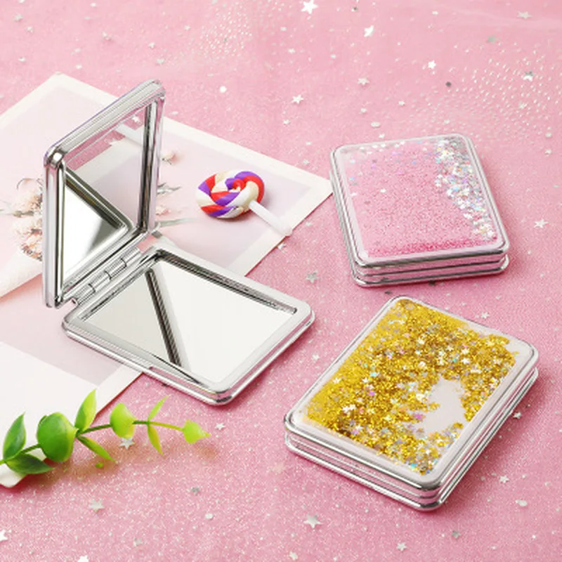 

Fashion 2-Face Mini Pocket Makeup Mirror Creative Cosmetic Compact Mirrors with Flowing Sparkling Sand Can Wholesale Lettering