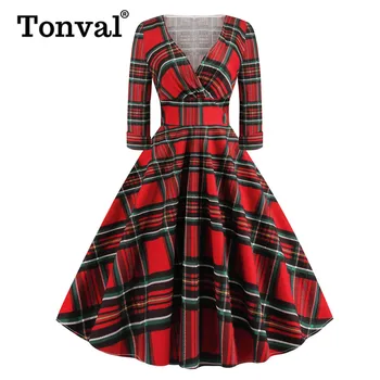 

Tonval Plus Size Vintage Dress High Waist V Neck Red Plaid Women Elegant 2020 Spring Long Sleeve Midi Ladies Dresses