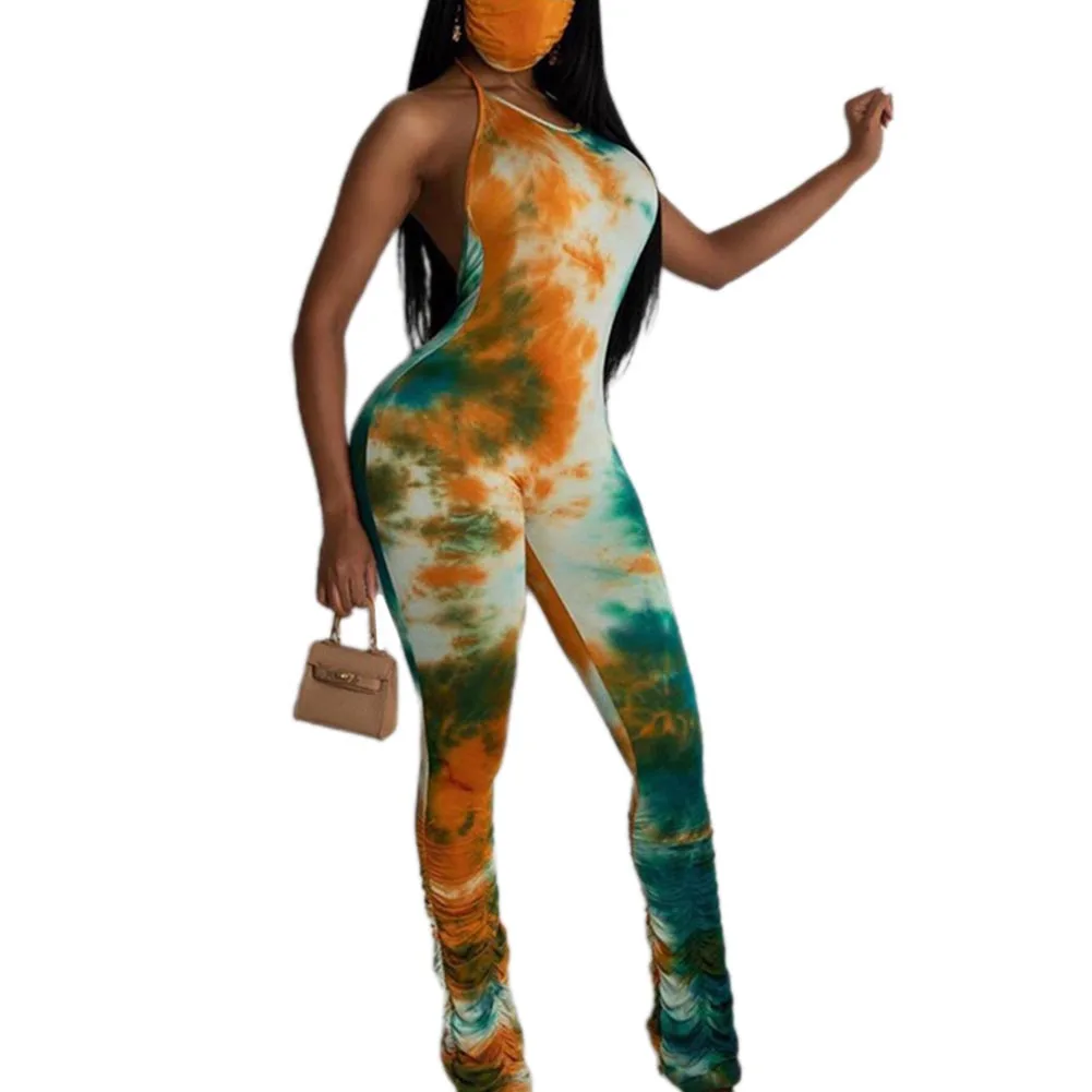 

Summer Women Tie Dye Bodycon Jumpsuits Halter Clothing One Piece Clothes Sleeveless Backless Ruched Long Pant Romper Outfits