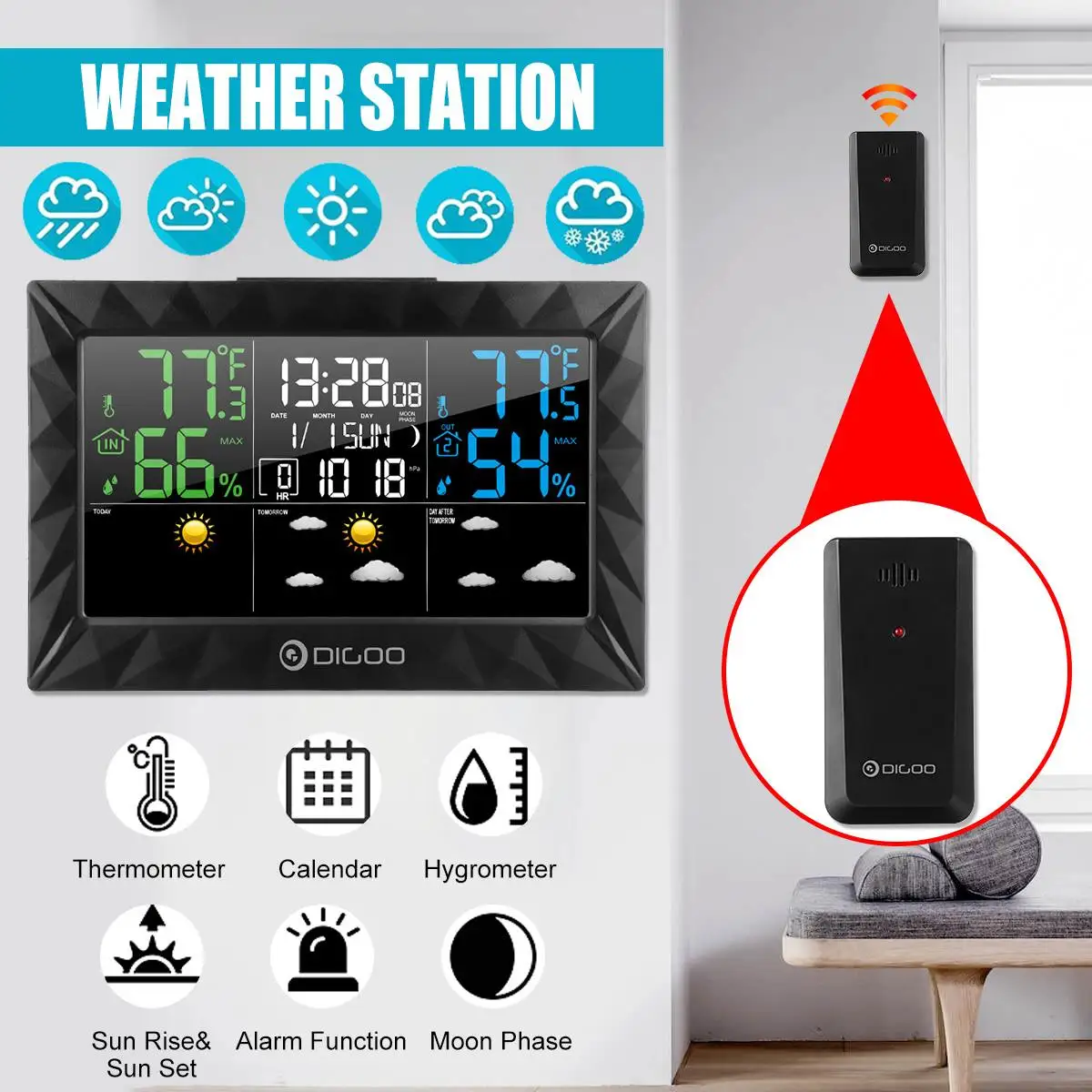 DIGOO DG-8270A, домашняя, уличная Метеостанция+ 100 м, датчик погоды, термометр, гигрометр, метр, календарь, 3CH, подсветка, черный