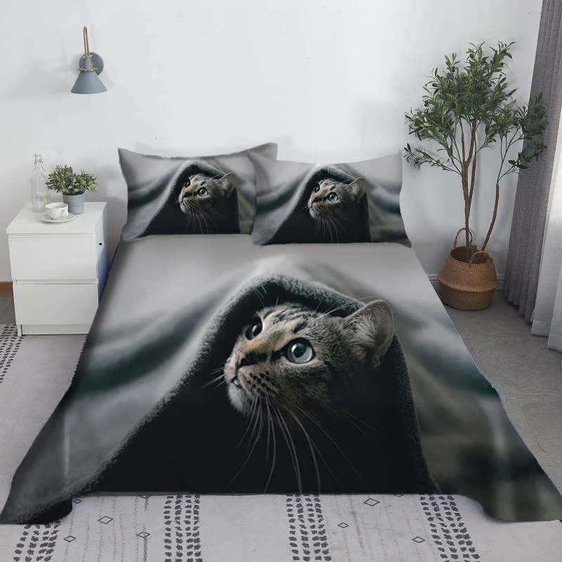 LovelyCatBedSheetSetDigitalPrintingPolyesterBedFlatSheetWith
