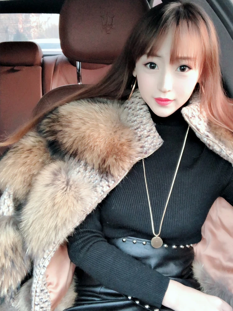 Натуральный пальто из натурального меха енота шерстяная куртка зимняя женская верхняя одежда модный бренд Роскошная уличная одежда Повседневная Корея