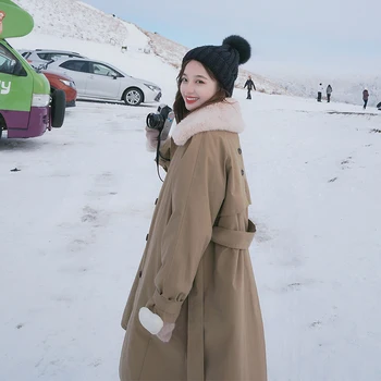 

2019 Fashionable Long Women Parkas Lapel Loose Coat Jacket with Belt Single Breasted Windbreaker Style Ladies Winter Coat