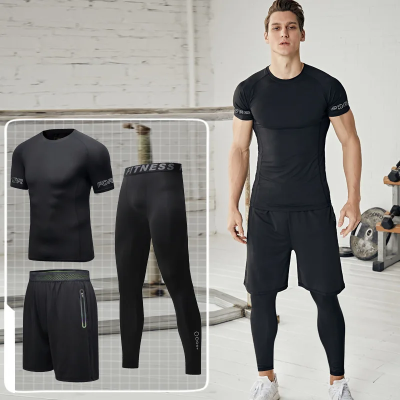 

Workout Clothes MEN'S Suit Three-piece Set Quick-Dry Short-sleeve Tights Running Sports Set Basketball Training Suit Gym