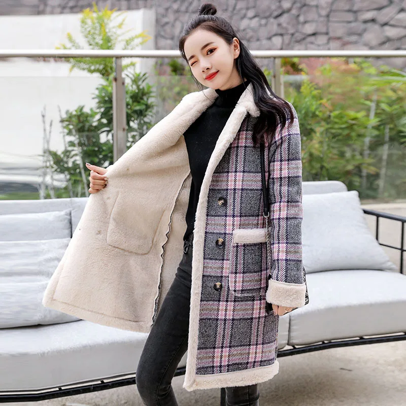 

Woolen Jacket Women's Winter New Style Korean-style Casual Thick plus Velvet Lambs Wool Fur Plaid Woolen Overcoat