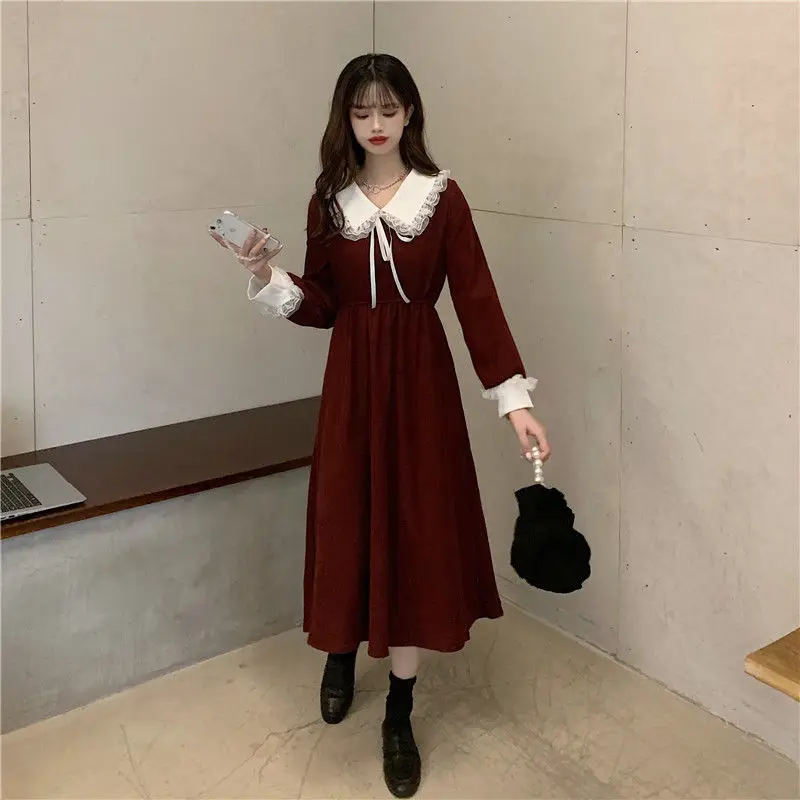 Long Sleeve Dress Women Peter Pan Collar Spring Patchwork French Retro Elegant Tunic Mid-calf College All-match Vestidos Chic dress shops Dresses