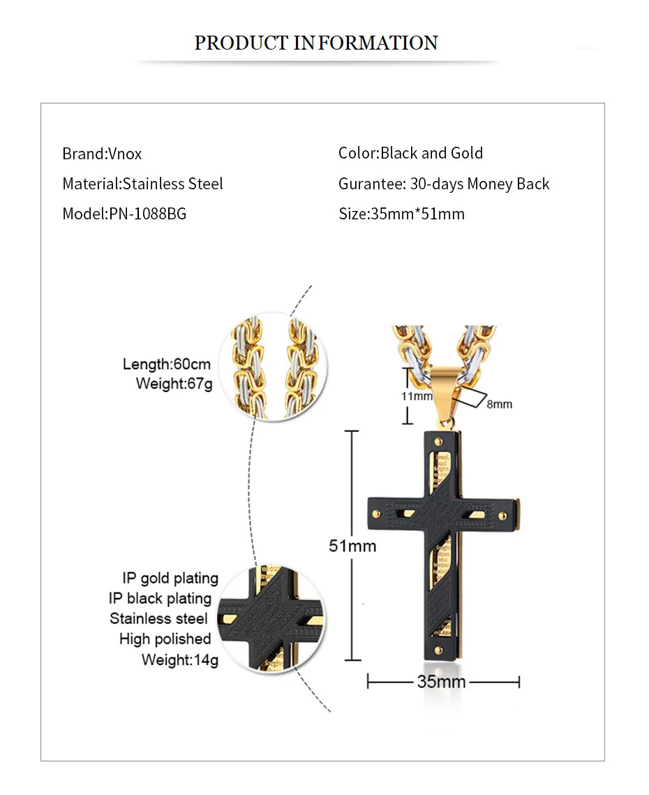 Vnox, Библейский крест, ожерелья с подвесками для мужчин, с панк византийской цепью, 5,5 мм, 24 дюйма, мужские ювелирные изделия для молитвы