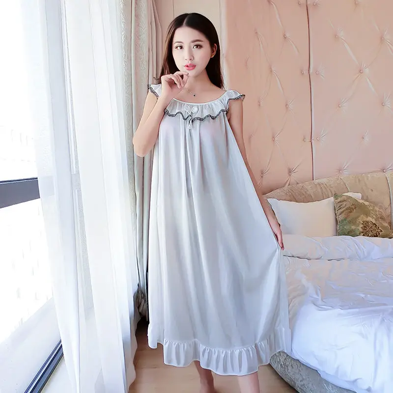 Silk Night Shirts Sleepwear Women Nightdress Lounge Sleep Ladies Nightgown Sexy Nightwear White Home Sleep Loungewear Loose Soft
