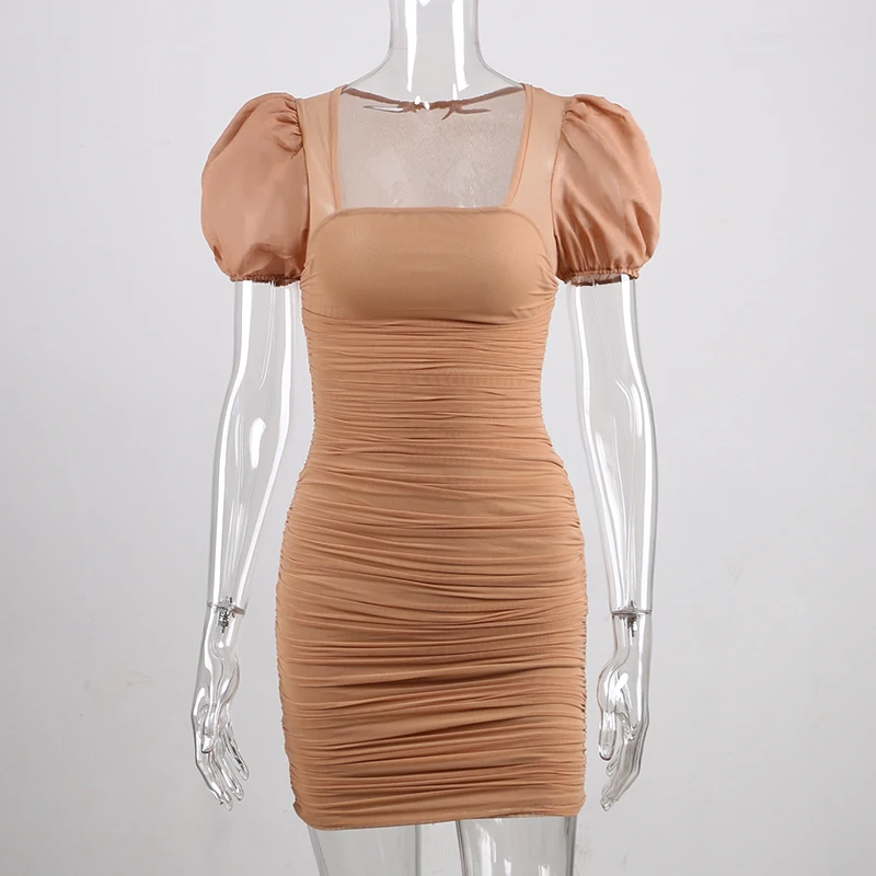 Goedkoop Forefair Bladerdeeg Mouw Mesh Sexy Jurk Transparante Mini Vierkante Hals Vintage 2020 Fashion Club Party Bodycon Vrouwen Jurk