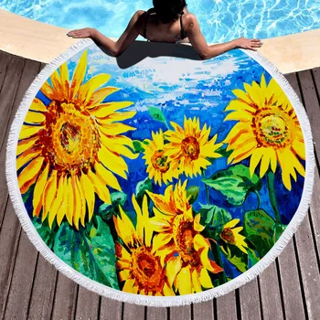 

Sunflower Beach Towels Printed Women's Shawl with Fringe Microfiber Round Fabric Bath Towels For Living Room Home Decorative