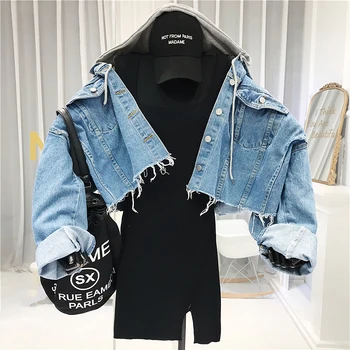 

2020 Tassel Denim Jackets with Hooded Patchwork Loose Turn-down Collar Fashion Top Spring Women's Clothing outwear