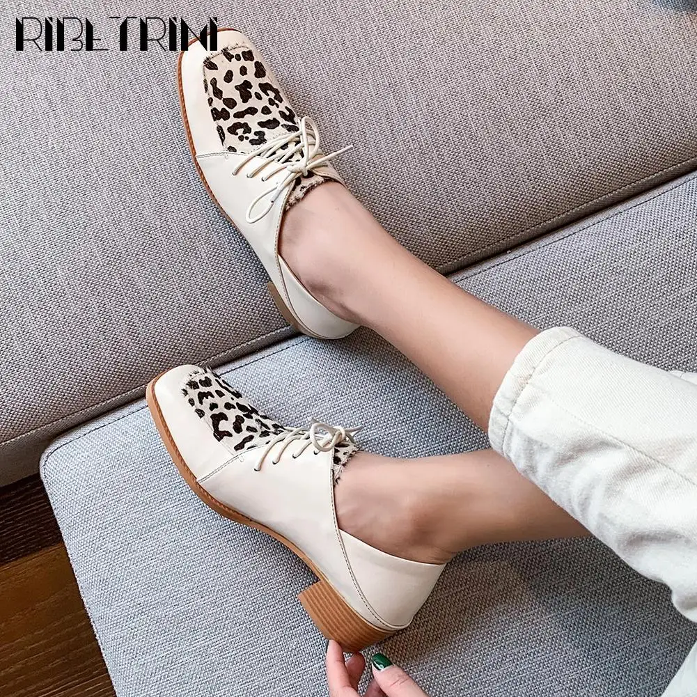 

RIBETRINI Retro Lady Square Toe Leopard Pattern Spring Shoes Woman Lace Up Genuine Leather Pumps Women Casual Office Pumps