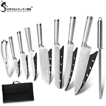 

Sowoll Stainless Steel Kitchen Knives with Heavy Duty Scissors Sharpening Rod Roll Bag Sharp Blade Ergonomic Handle Chef Knife