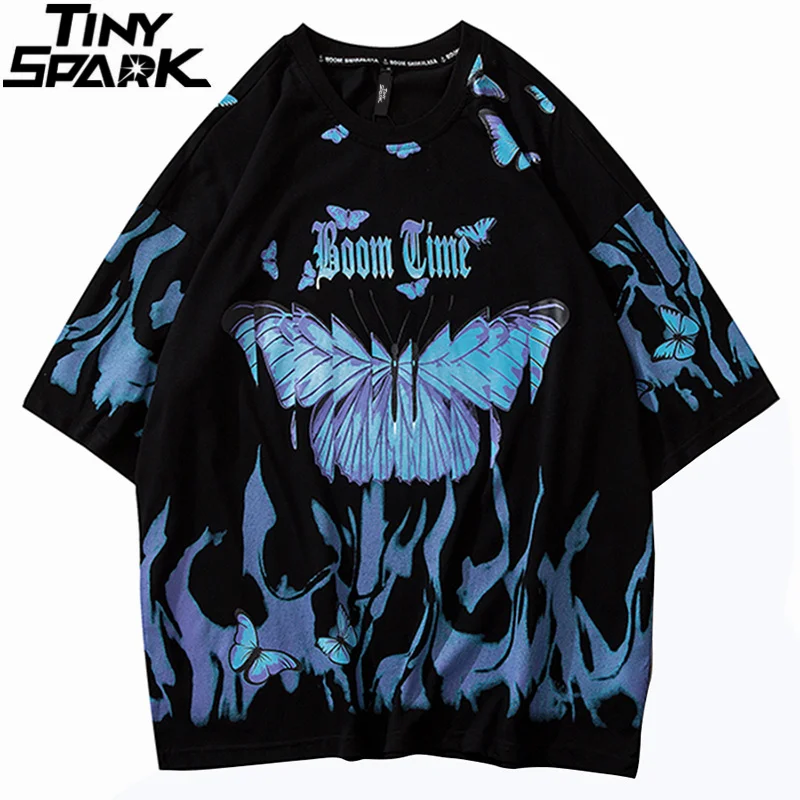 Camisetas de Hip-Hop para hombre, ropa de calle de mariposa, llama de fuego azul, Harajuku, de manga corta, camisetas de algodón, 2020