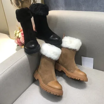 

2020 NEW Snow Boots Women Plus Wool Patchwork Genuine Leather Female Ankle Boots Fur Boot Brand Designer Luxury Shoes Women Goth