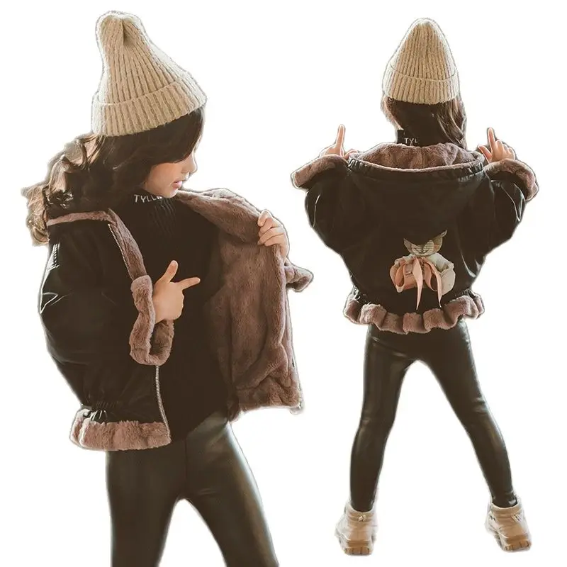 

Autumn Winter Girls Jackets 2021 New Fashion Cartoon Bear Plush Thick Children Warm Coat Kids Baby for Girl Leather Jacket 3-12y