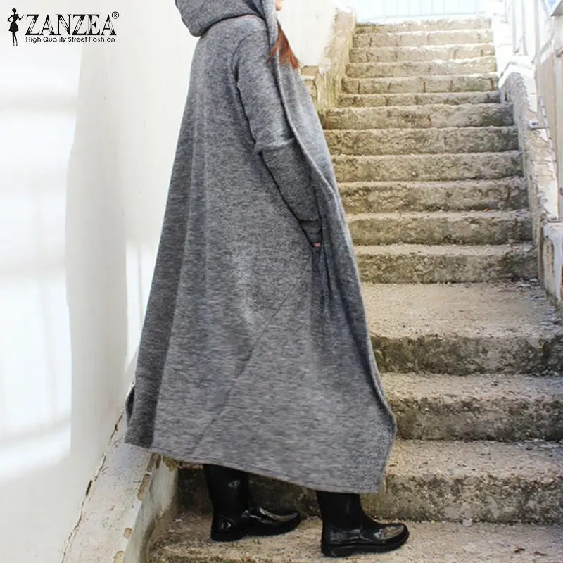 Winter Solid Hooded Cardigans ZANZEA Open Stich Trench Coats Women Casual Long Sleeve Maxi Jackets Female Outercoats 5XL