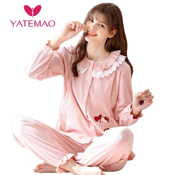 

YATEMAO New Maternity Clothes Nursing Pajama Sets Cotton Lace Design Thicken Winter Preganacy Sleepwear
