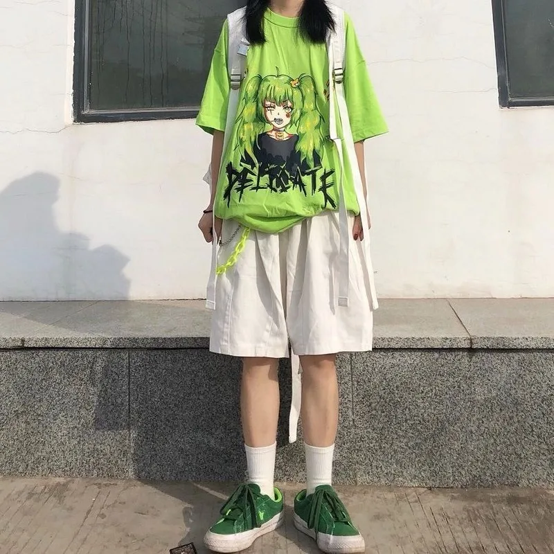 QWEEK Gothic T Shirt Women Japanese Harajuku Anime Cute Print Vintage Loose Streetwear T Shirt Femme Mall Goth Tops