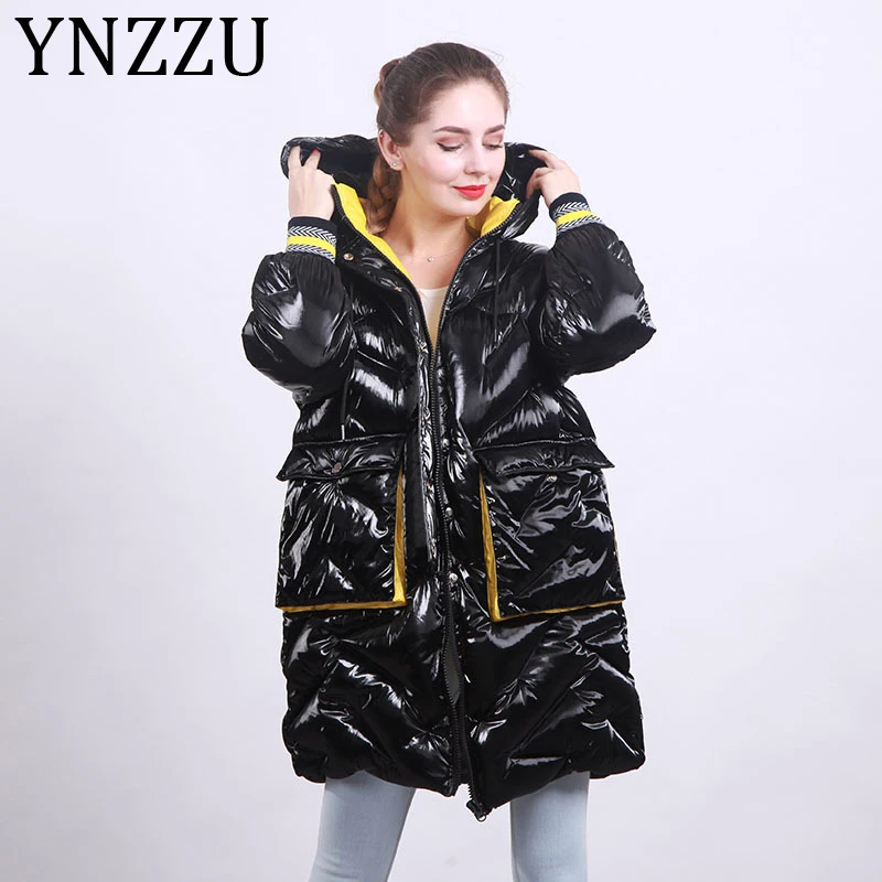 

YNZZU Hat Drawstring Bright Loose Winter Snow Outwears 2019 Long Casual Warm 90% White Duck Down Coats Women Windproof A1286