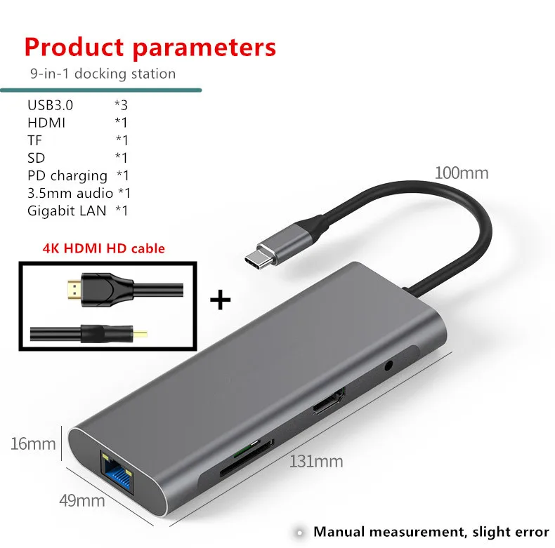 9 в 1 Тип-C концентратор USB3.0 4K HD PD с высоким уровнем Скорость зарядка для мобильных устройств MacBook huawei XiaoMi lenovo док-станция с HDMI SD TF LAN PD - Цвет: Combination 1